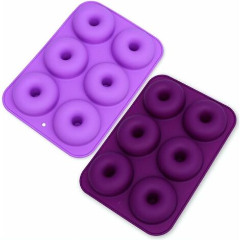DEESSE SHOP - Lot de 2 moules à donuts en silicone antiadhésifs à 6 fentes pour gâteaux, biscuits, bagels, muffins (violet foncé et violet clair) (1/5)