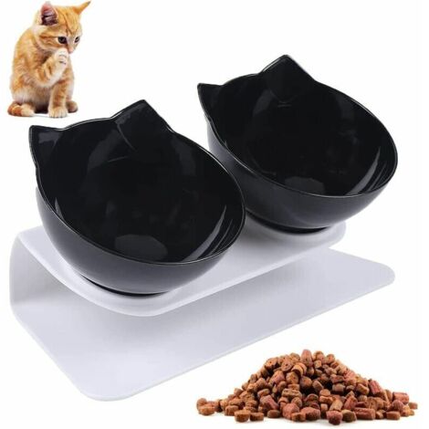DEESSE SHOP - Bol pour chat, bol double pour chat, support inclinable à 15°, antidérapant, réduit la douleur au cou des animaux de compagnie, pour petits chats et chiens (noir) (1/5)