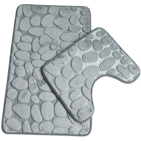 DEESSE SHOP - Ensemble de tapis de bain en galets Ensemble de piédestal en mousse à mémoire de forme Tapis de salle de bain 2 pièces Tapis de bain argenté doux absorbant et antidérapant (50 cm x 80 cm (1/4)