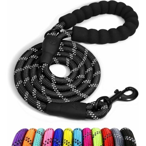 DEESSE SHOP - Corde pour chien, laisse pour chien en nylon avec poignée rembourrée douce et fils réfléchissants, 150 cm x 1,2 cm, noir (1/5)