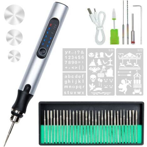 Stylo de Gravure Électrique avec 36 Bits– Graveur Rotatif Rechargeable USB sans Fil, Mini Outil de Gravure Portable pour Métal, Bois, Verre, Plastique, Bijoux et Pierre (Argenté) (1/5)