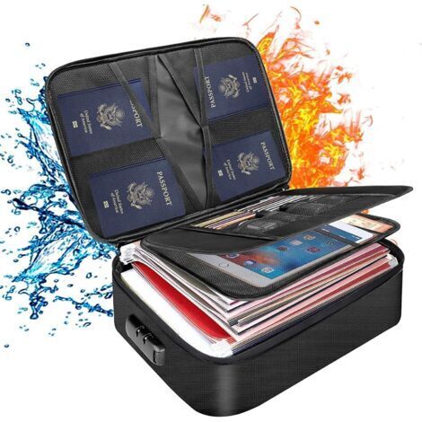 Boîte à documents ignifuge, 14,2'' × 10,6'' × 4'', grande capacité, sac à documents ignifuge à 3 couches avec serrure, boîte de rangement de fichiers ignifuge pour passeports, certificats, dossiers ju (1/5)