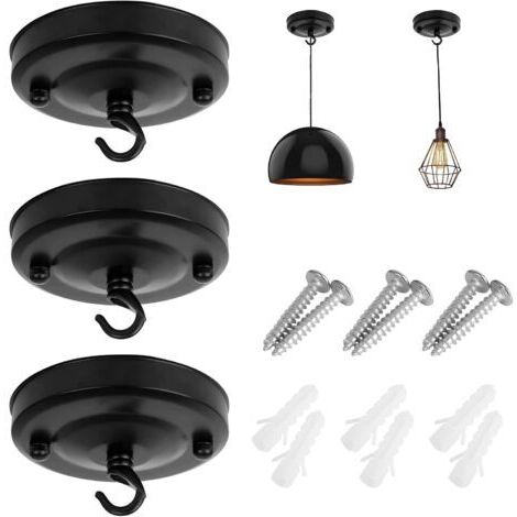 Crochet pour rosace de plafond, 3 plaques de plafond pour lustres/paniers de fleurs, plaques de plafond vintage avec vis assorties, supportant 10 kg (noir) (1/5)