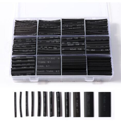 Lot de 900 gaines thermorétractables noires pour isolation électrique, 12 tailles, rapport de rétrécissement 2:1 (1/5)