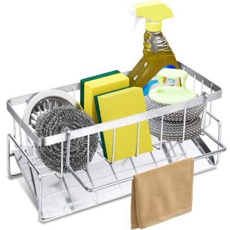 Organiseur d'évier de cuisine en acier inoxydable argenté avec porte-linge, organisateur d'évier de cuisine, panier de vaisselle pour accessoires de salle de bain (1/5)