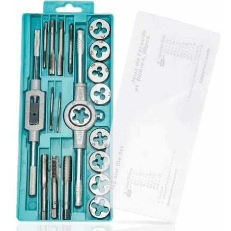 Coffret tarauds et filières Lot de 20 tarauds et filières métriques – M3, M4, M5, M6, M7, M8, M9, M10, M12 Jeu de tarauds et filières de filetage métriques avec poignée de clé, boîte de rangement (1/5)
