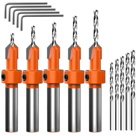Jeu de 15 Foret Fraise Bois, 5 Forets à Fraiser en HSS Réglables (2.8/3/3.2/3.5/4mm), avec 5 Mèches Remplaçables 5 Clés Hexagonales, Countersink Drill Bit Set pour Chanfreinage et Perçage Précis (1/5)