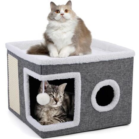 Niche pliable pour chat, grands chats d'intérieur, 43 P x 43 L x 32 H cm, grande grotte pour chat avec griffoir et balle de jeu, cube pour chat à 2 couches, grotte pour chat pour petits et moyens anim (1/5)