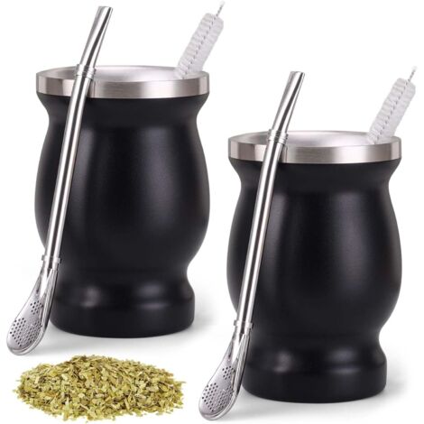 Lot de 2 tasses à maté : tasses à maté à double paroi en acier inoxydable avec cuillère à paille et brosse de nettoyage Isolation thermique pour maté, thé, café, lait et jus (noir) (1/4)