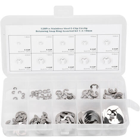 DEESSE SHOP-120pcs E Clip Rondelle En Acier Inoxydable Anneau De Retenue Externe Circlip Assortiment Kit 1.5mm-10mm (1/5)