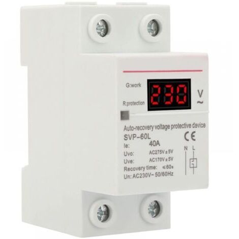 Regulateur de Tension, Dispositif de Protection Contre les Surtensions et les Sous-tensions à Récupération Automatique 230V 40A Protecteur de Montage sur Rail DIN (1/5)