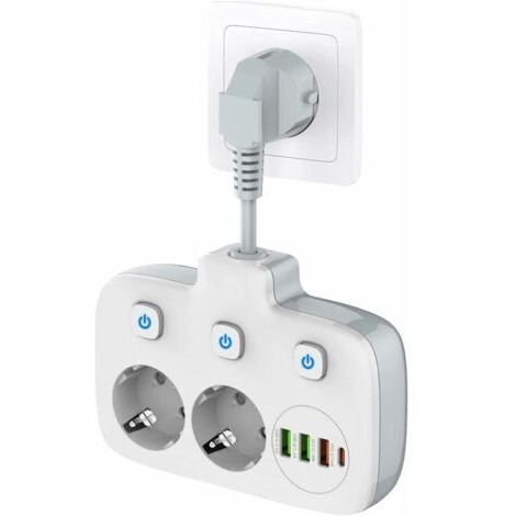 Multiprise à interrupteur unique 2 compartiments, multiprise avec 3 interrupteurs, double prise murale avec 4 USB, OUYLAF, adaptateur de prise avec protection contre les surtensions, sécurité enfant