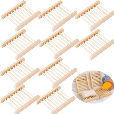 DEESSE SHOP-Bambou Bois Porte Savons,10pcs Porte Savons Boîte à Savon Porte-savon Écologique En Bois De Bambou Naturel Pour Douche Salle De Bain Cuisine Éponge Savon 12x1.8x9cm (1/5)
