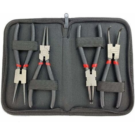 DEESSE SHOP-Lot de 4 pinces circlips 150mm – 2 pointes droites et 2 courbées – Acier à outils – Housse de rangement avec poignée antidérapante (1/5)