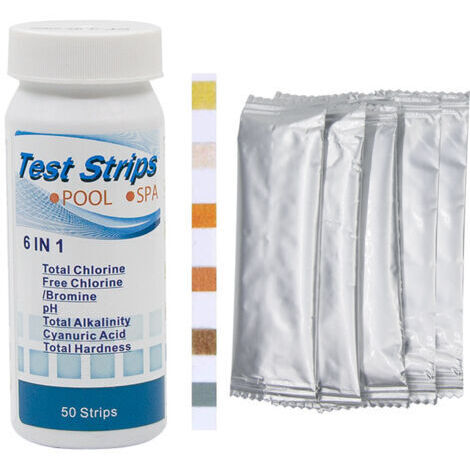 DEESSE SHOP-Lot de 50 bandelettes de test 6 en 1 de qualité de l’eau de piscine pour chlore, pH, alcalinité, dureté, acidité, brome, acide cyanurique (1/5)