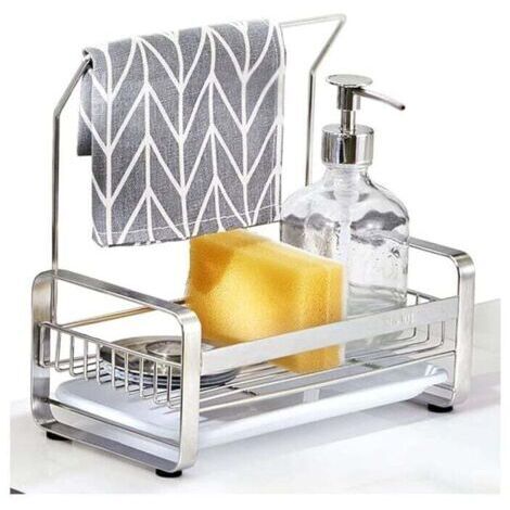 DEESSE SHOP-Porte Eponge pour Evier de Cuisine,Rangement Eponge Evier Cuisine en Acier Inoxydable Adhésif&Comptoir, Organisateur pour Brosse Vaiss Lavette Serviette-Argent (1/5)