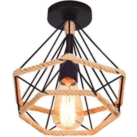 DEESSE SHOP-Lampe de Plafond rétro vintage Plafonnier Industrielle Cage en forme Diamant en Métal avec corde de chanvre Fer Lustre Suspension Luminaire pour Salon Salle Chambre Décorer Maison,25cm - R (1/5)