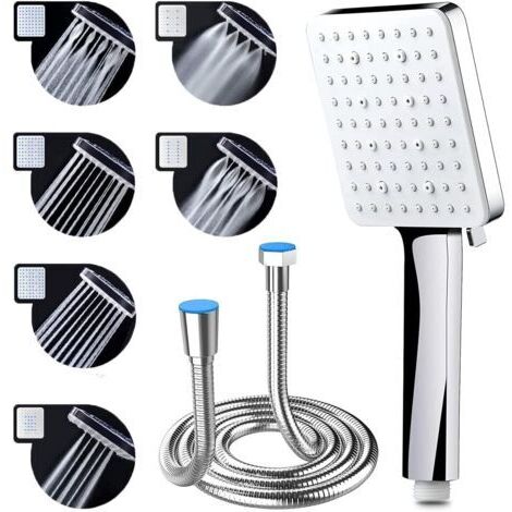 DEESSE SHOP-Pommeau de Douche Haute Pression avec Tuyau de 1,5 m Pommeau Douche Economie Deau avec 6 Modes de Douche Réglable Universelle Grande Douchette Douche, Carrée Chromés - RWPommeau de douche (1/5)