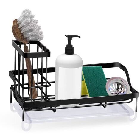 DEESSE SHOP-Rangement Evier Cuisine Support Brosse Éponge Organiseur pour à Poser Acier Inoxydable,Noir (1/5)