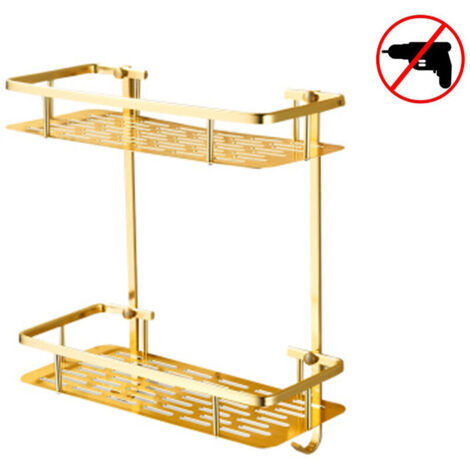 Étagère de panier de panier de douche à deux étages avec crochets pour éponge et rasoir suspendus, organisateur de porte-shampoing, étagère de salle de bain murale adhésive sans préconisé, doré
