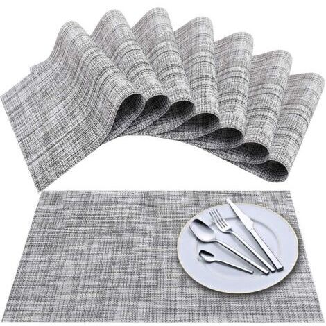 Set de Table (Lot de 8), Tapis de Table tissés en Vinyle à Tissage croisé, Ensemble de Tapis de Table lavables isolants antidérapants - Gris Blanc (1/5)