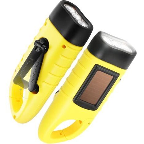 Lot de 2 lampes de poche à manivelle, lampe de poche d'urgence LED rechargeable à énergie solaire, torche dynamo de survie pour sports de plein air jaune (1/5)