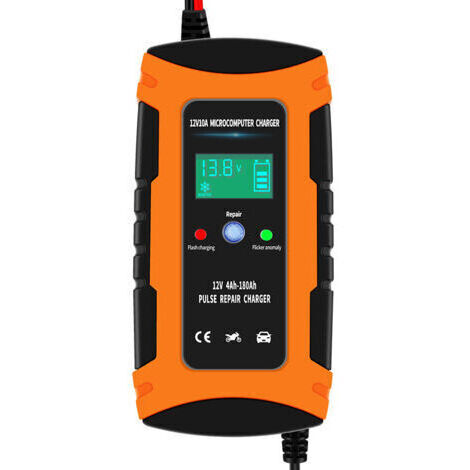 Chargeur De Batterie Portatif 12V 10A Chargeur De Batterie De Voiture Chargeur Intelligent Entièrement Automatique Chargeur d'entretien Portable Chargeur De Batterie Automatique Orange (1/5)
