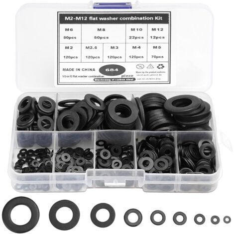684 Pièces Rondelles Plates Noir, 9 Tailles de Rondelles M2 M2.5 M3 M4 M5 M6 M8 M10 M12, Acier au Carbone Plat Rondelles avec 1 Boîte Plastique, pour Fixations Mécaniques Industrielles (1/5)