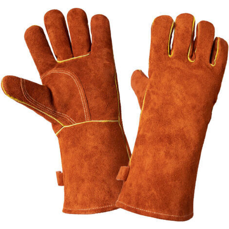 Gants de Barbecue en Cuir, Gants de Four Anti Chaleur, Gants de Soudage, Résistant au Feu et à la Chaleur, pour Le Barbecue, Pâtisserie, Four, Soudure, Cheminée, Jardinage - Brun Café (1/5)