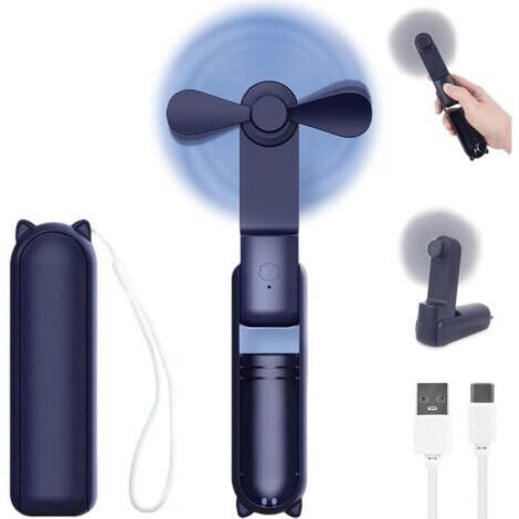 Mini ventilateur à main portable, à piles rechargeables par, personnel pliable et silencieux peut être utilisé comme alimentation mobile(Bleu) (1/4)