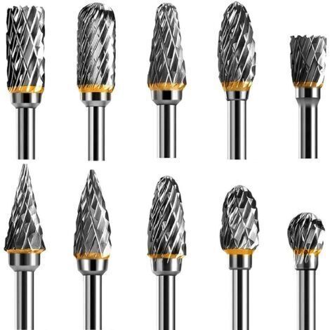 Jeu de 10 fraises rotatives en carbure de tungstène – Double tranchant – Tige 1/8'' – Pour sculpture bois, métal, céramique, gravure (1/5)
