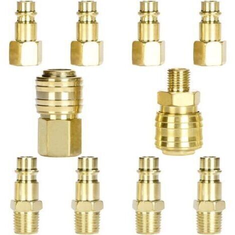 Raccord pneumatique rapide 1/4 pouce – Raccord d'air comprimé avec vanne intégrée – Acier-cuivre traité – Lot de 10 pièces (1/5)