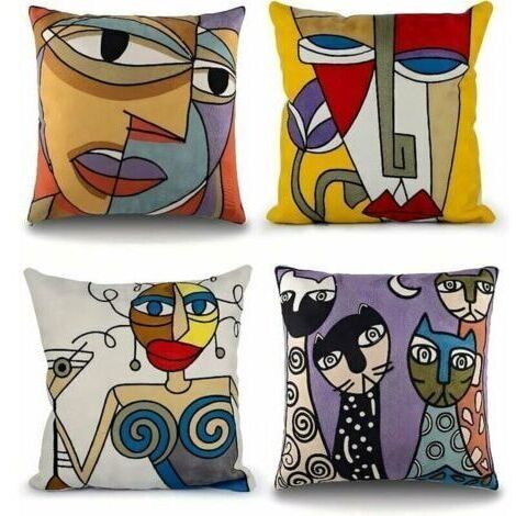 Lot de 4 Housse de Coussin Picasso 45x45 cm Coton Lin Brodé Housses Coussins Canapé Décoration Salon Scandinave Chambre Lit Fauteuil de Bureau Design Motif Visage Abstrait Vintage Colorée (1/5)