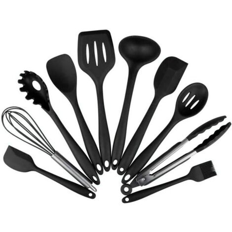 Langray – Kit de 10 ustensiles de cuisine en silicone noir – Résistance à la chaleur jusqu'à +230 °C – Antiadhésifs et faciles à nettoyer – 100% sans BPA (1/5)