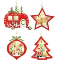 4 Pièces Decoration Noel Bois, LED Lumiere Noel Décoration Noel, Decoration Sapin Noel Bois Lumineux, Decoration de Noel Sapin Intérieur, Decoration Boule de Noel Sapin