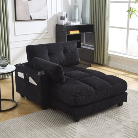 Loungesofa Sessel mit Getränkehaltern und USB, Verstellbares Kopfkissen, Cordstoff Schwarz
