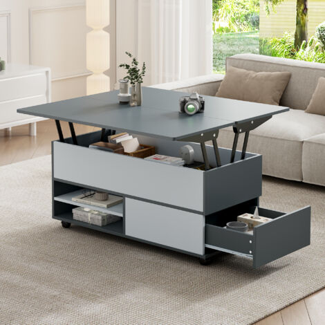 Couchtisch höhenverstellbar mit 1 Schublade und 1 Schrank, Wohnzimmertisch auf Rollen, Weiß-Grau, 100×98×65 cm (1/5)