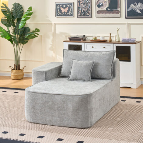 Recamiere Chaiselongue mit Kissen und Seitentaschen, wolkenweicher Sitzkomfort, Chenille Grau