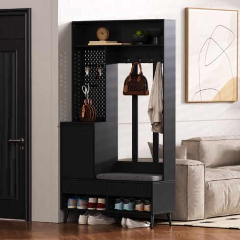 Garderoben-Set mit 4 Haken, 2 Schubladen, 1 Tür und Sitzbank mit Kissen, Modern, aus MDF, Schwarz, 100×35×180 cm