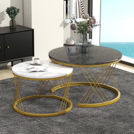 Runde Couchtische Gigognes 2er-Set mit Metallgestell, Hochglanz-Marmormuster, aus MDF, Grau, 70×70×45 cm