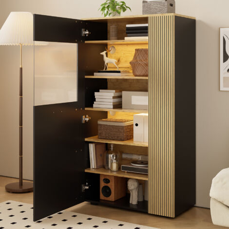 Aufbewahrungsschrank mit 1 Glastür, 5 Regalen davon 2 Verstellbar und LED 16 Farben, aus Spanplatte, Schwarz, 80×40×146 cm
