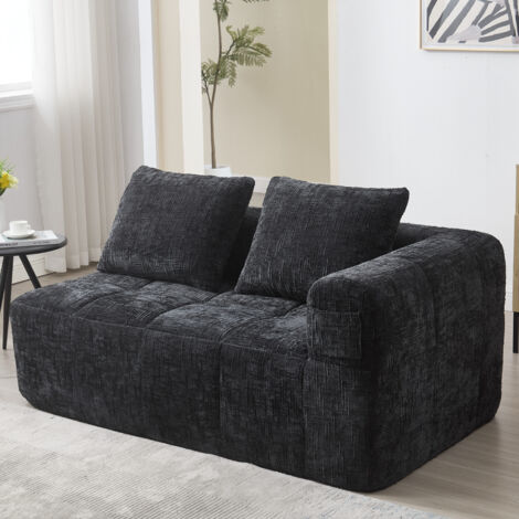Chaiselongue 2-Sitzer Loungesofa mit Seitentaschen und Kissen, Wolken-Polster, Chenille Schwarz