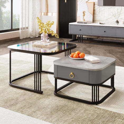 Couchtische Gigognes 2er-Set mit 1 Schublade, Glasplatte und Marmoroptik, Metallgestell, aus MDF, Schwarz, 60×60×42 cm