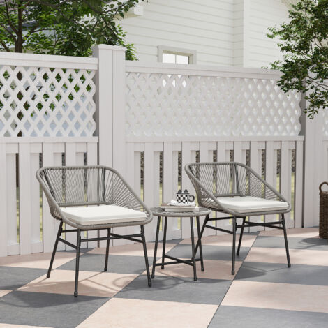 Gartenlounge Set mit 2 Sesseln und 1 Rundem Beistelltisch, mit Kissen, für 2 Personen und Balkon, Polyrattan und Glas, Dunkelgrau (1/5)
