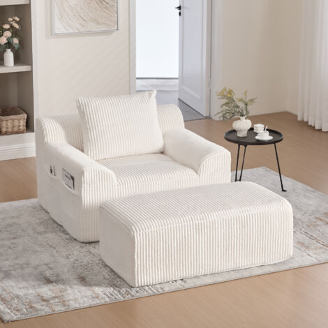 Oversize Sessel mit Hocker und Seitentaschen, Tiefe Sitzfläche, Kissen, Gepolsterter Loungesessel aus Cord Beige