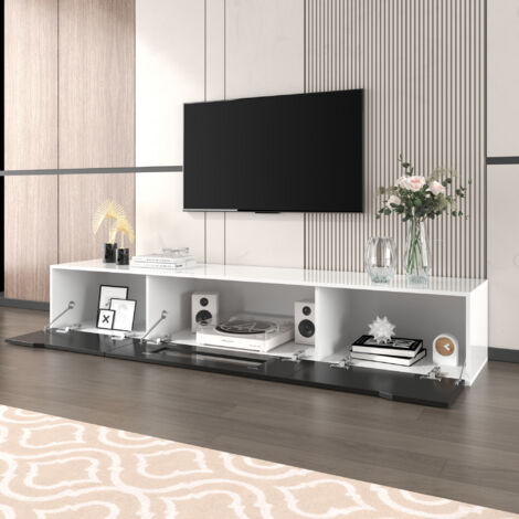 TV-Lowboard mit 2 Geriffelten Türen und LED 16 Farben, Hochglanz, Modern, 180×35×30 cm, aus Spanplatte, Weiß