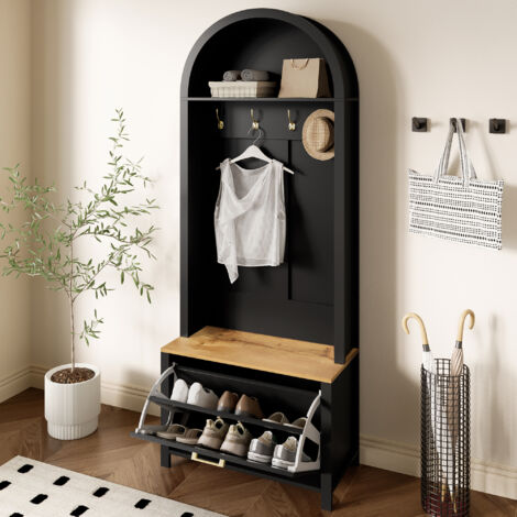 Flurgarderobe Baum mit Ablage und Schuhregal, MDF, Schwarz und Holz, 75×35×195 cm