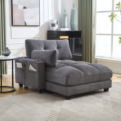 Loungesofa Sessel Klappsessel mit Verstellbarem Kopfkissen, USB und Getränkehaltern, Cord Grau