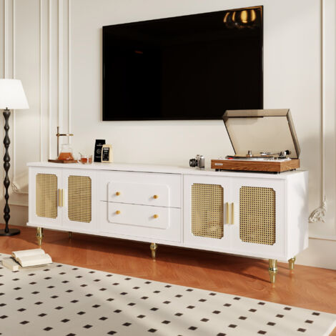 TV-Lowboard mit 4 PVC-Rattantüren und 2 Push-to-Open-Schubladen, Goldgriffe, Metallfüße, aus Spanplatte, Weiß, 175×38×55,5 cm