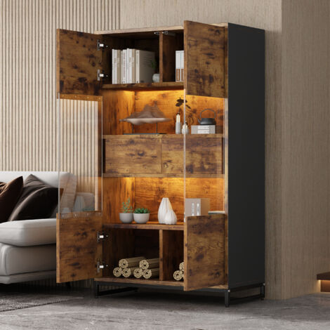 Vitrine mit 2 Türen und 2 Schubladen und LED Bluetooth, 6 Fächer, Modern-Retro, aus MDF, Schwarz in Holzoptik, 80×40×138 cm